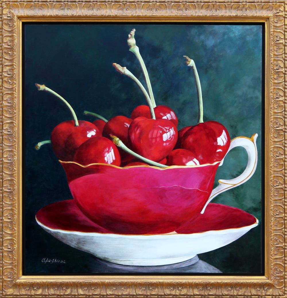 Artwork by Elaine Clarfield-gitalis, CHERRIES IN A TEACUP, Made of OIL ON CANVAS