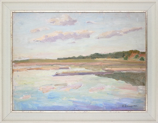 Artwork by Blokhin Ivan Semenovich, Landscape with a river, Made of Cardboard, oil