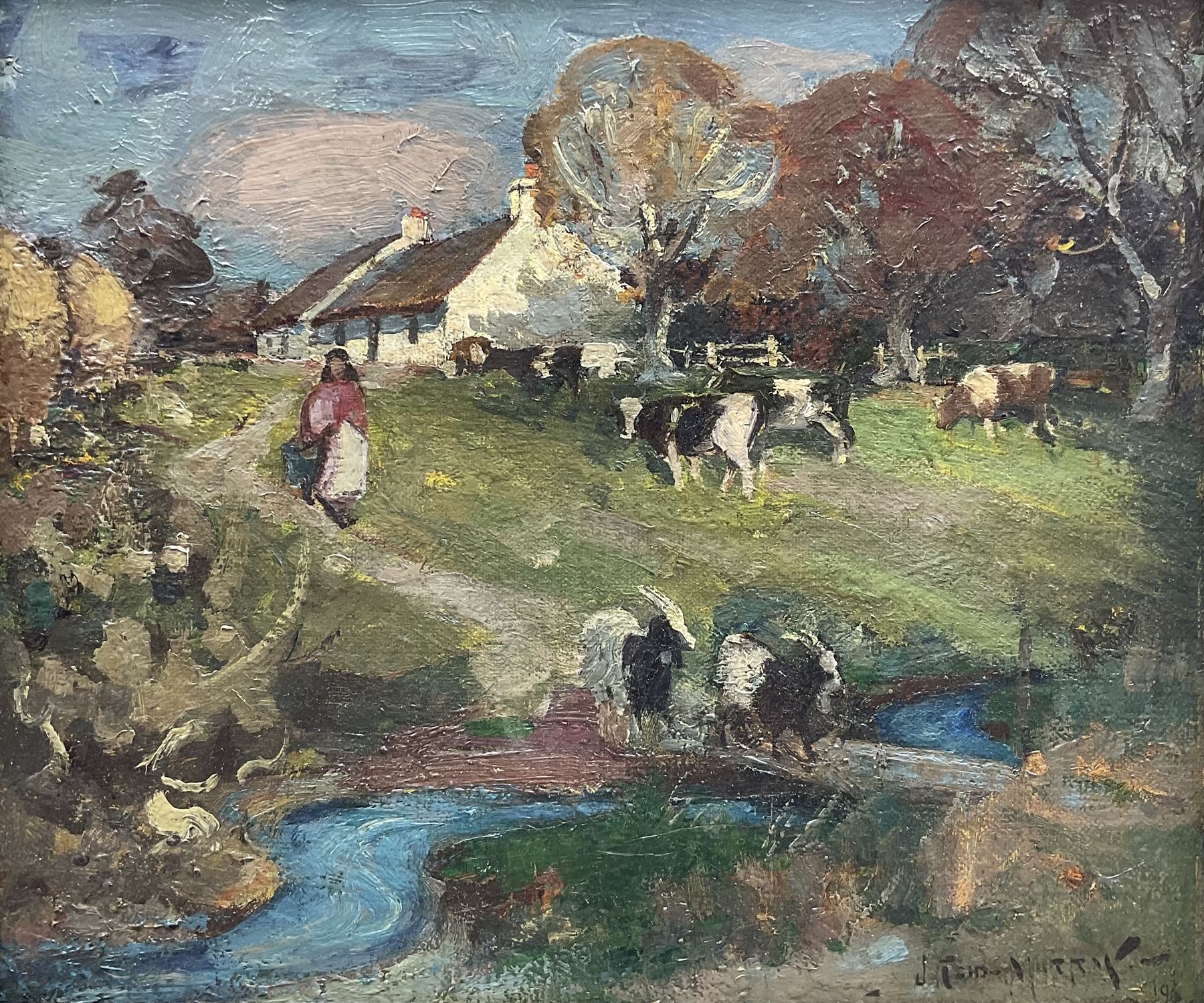 Artwork by John Reid Murray, Goats and Cows at the Riverside, Made of oil on canvas