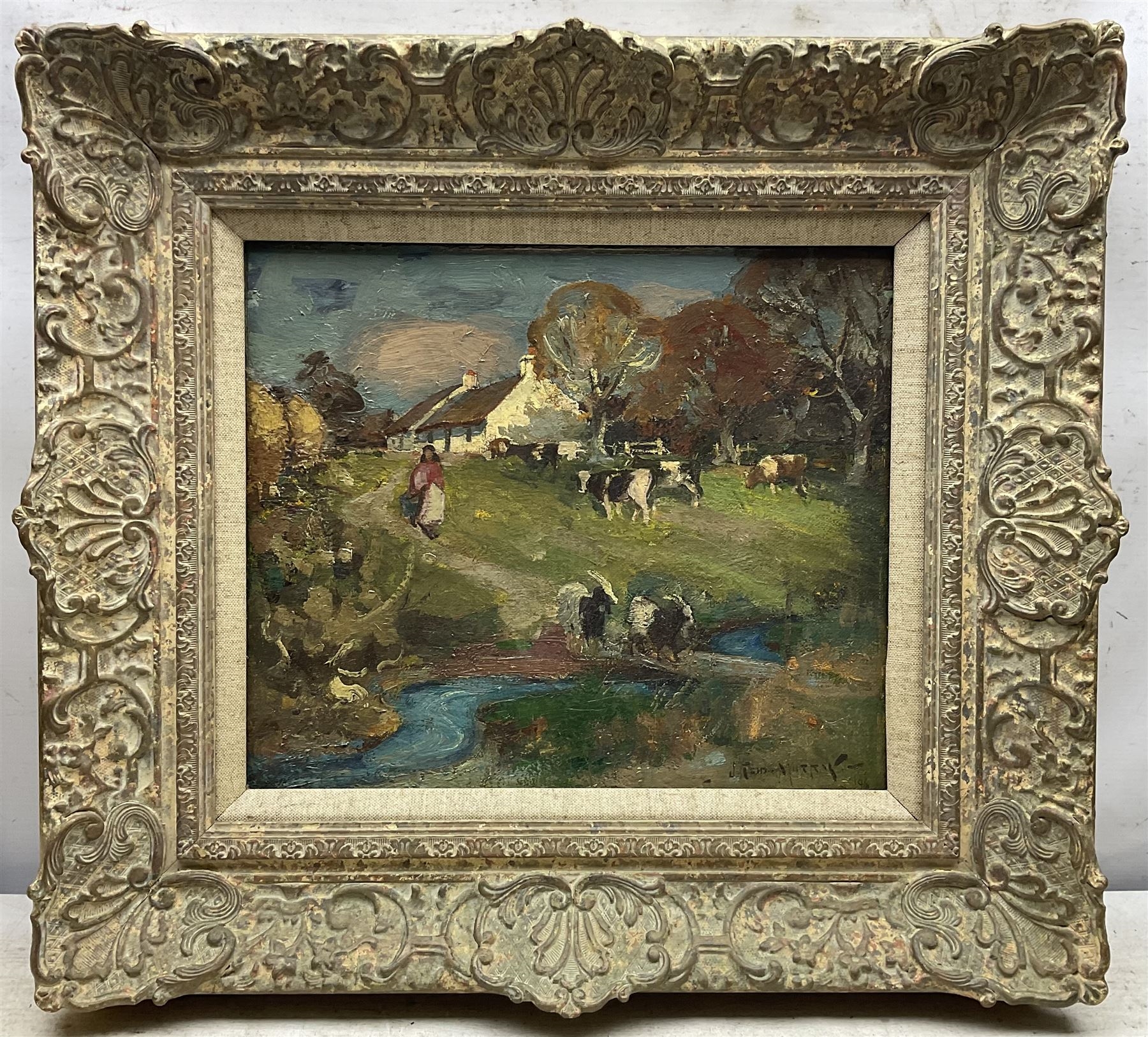 Artwork by John Reid Murray, Goats and Cows at the Riverside, Made of oil on canvas