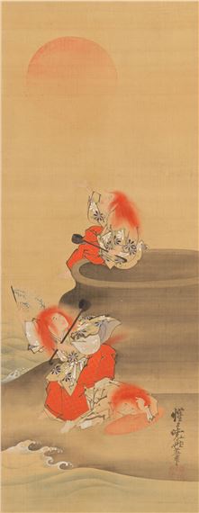 Kawanabe Kyosai | The three red-haired shōjō figures around a giant vat ...