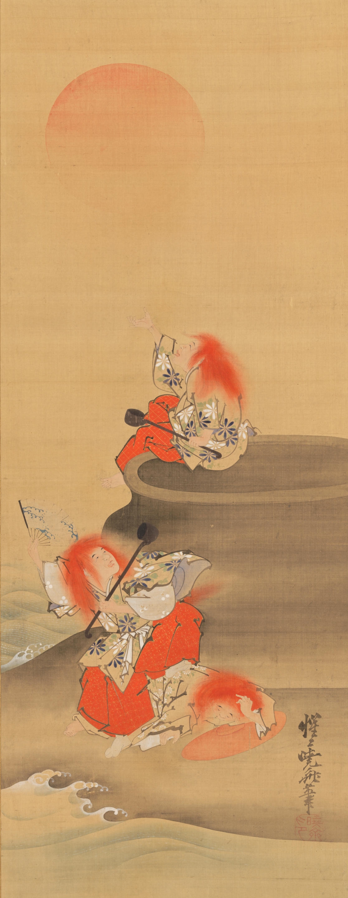 Kawanabe Kyosai | The three red-haired shōjō figures around a giant vat ...