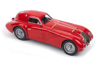 "A glossy red vintage sports car model with wire-spoke wheels and a streamlined body."