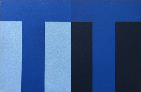 A minimalist abstract composition of vertical rectangular blocks in varying shades of blue.