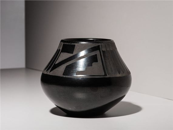 Maria and Santana Martinez
(San Ildefonso, 1887-1980 / 1909-2002)
Blackware Jar, with Feathers1943-1954 by Maria Montoya Martinez, Santana Roybal Martinez, 1887-1980