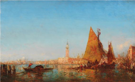 Fishing Boats in the Bacino, Venice, the Palazzo Ducale and the Campanile beyond by Félix Ziem