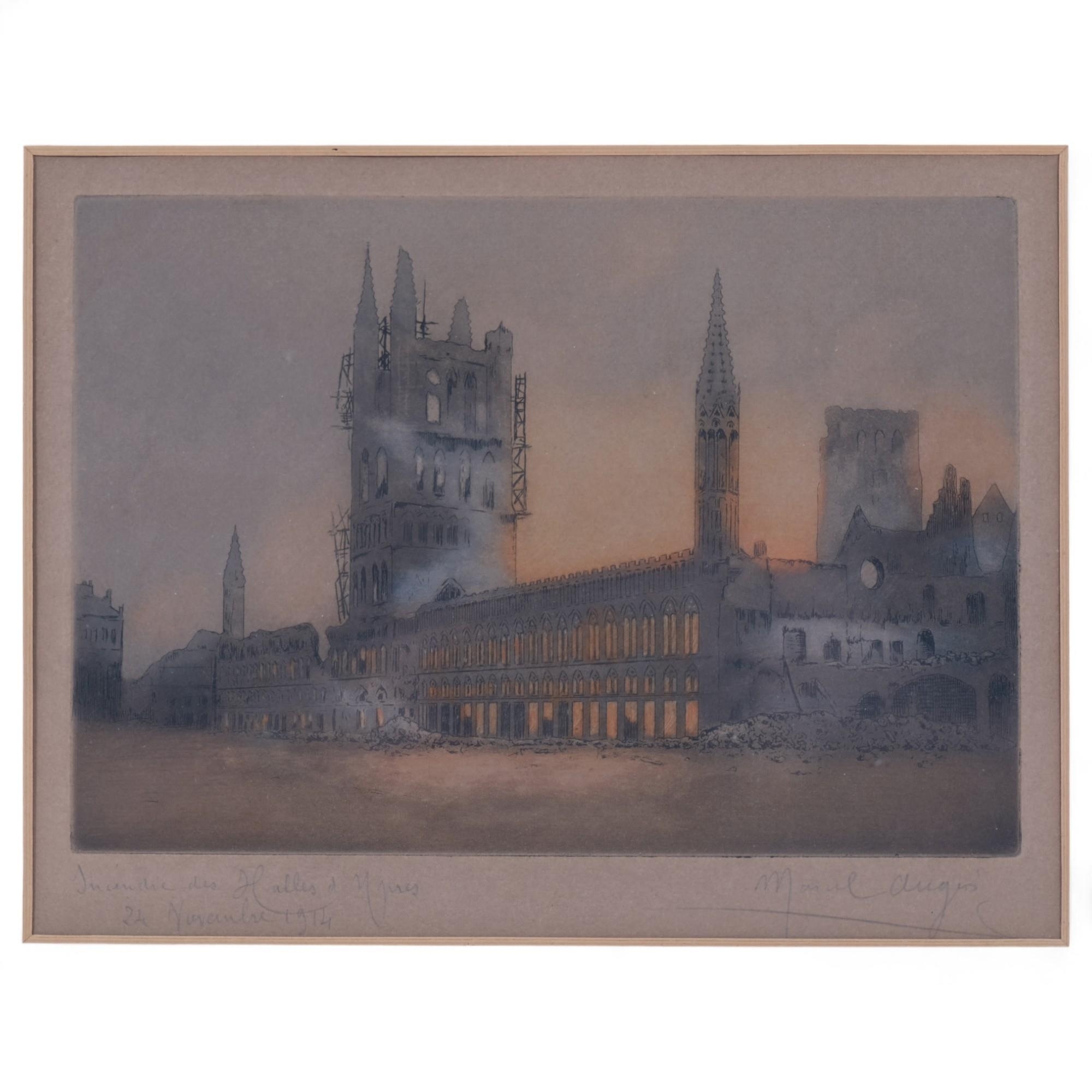 Artwork by Marcel Augis, a framed print depicting the bombardment of Les Halle, Made of print