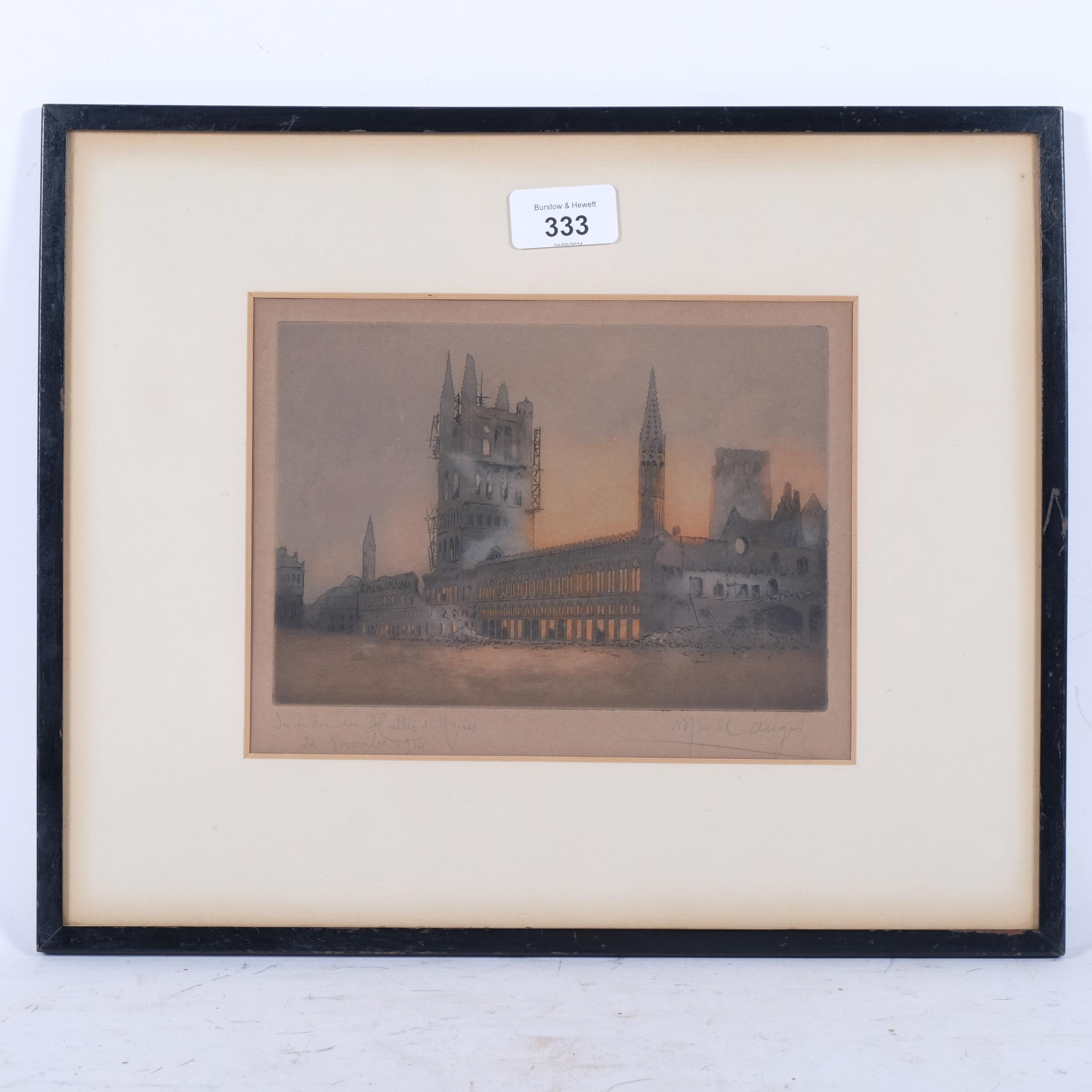 Artwork by Marcel Augis, a framed print depicting the bombardment of Les Halle, Made of print