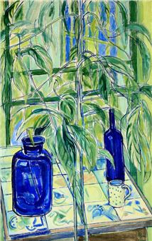 Still life with blue bottles and plant on a tiled table - Christine Swane
