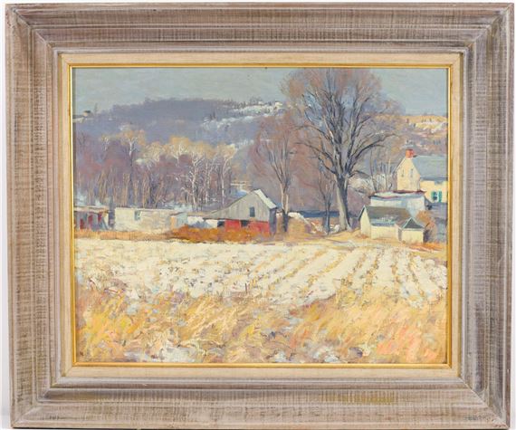 Impressionist snow dusted landscape with a homestead and out buildings - Roy Cleveland Nuse