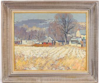 Impressionist snow dusted landscape with a homestead and out buildings - Roy Cleveland Nuse