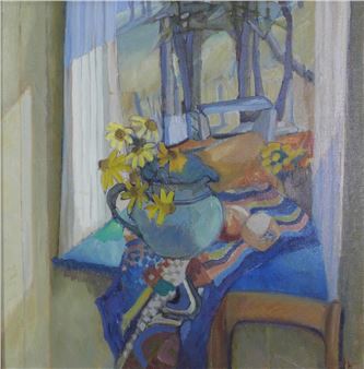 A still life painting featuring a blue pitcher with yellow flowers on a colorful cloth near a window.
