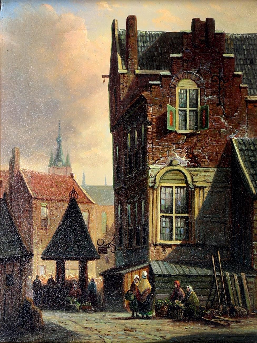 Artwork by J. Vrolijk, Stadsgezicht met personen, Made of oil on panel
