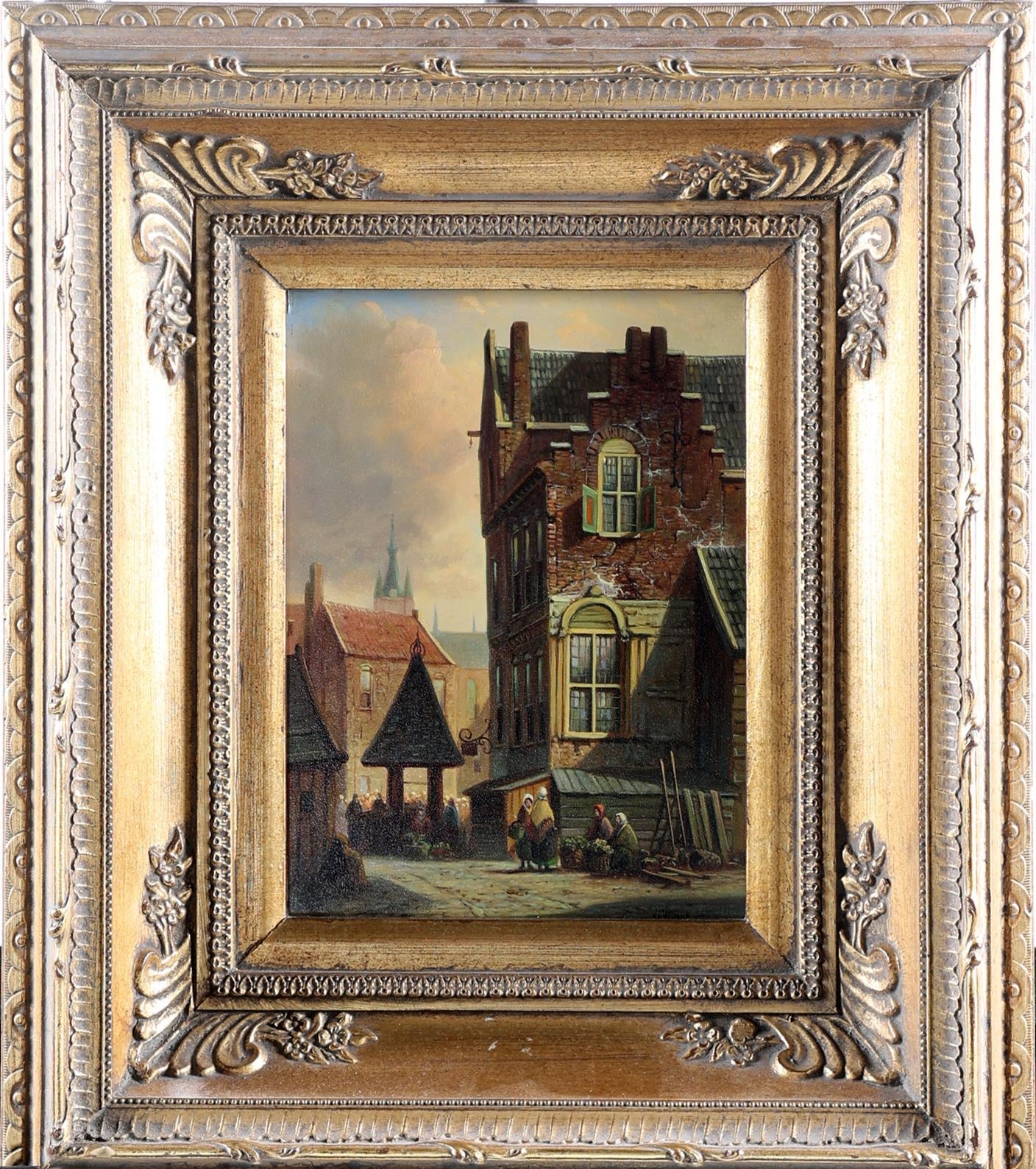 Artwork by J. Vrolijk, Stadsgezicht met personen, Made of oil on panel