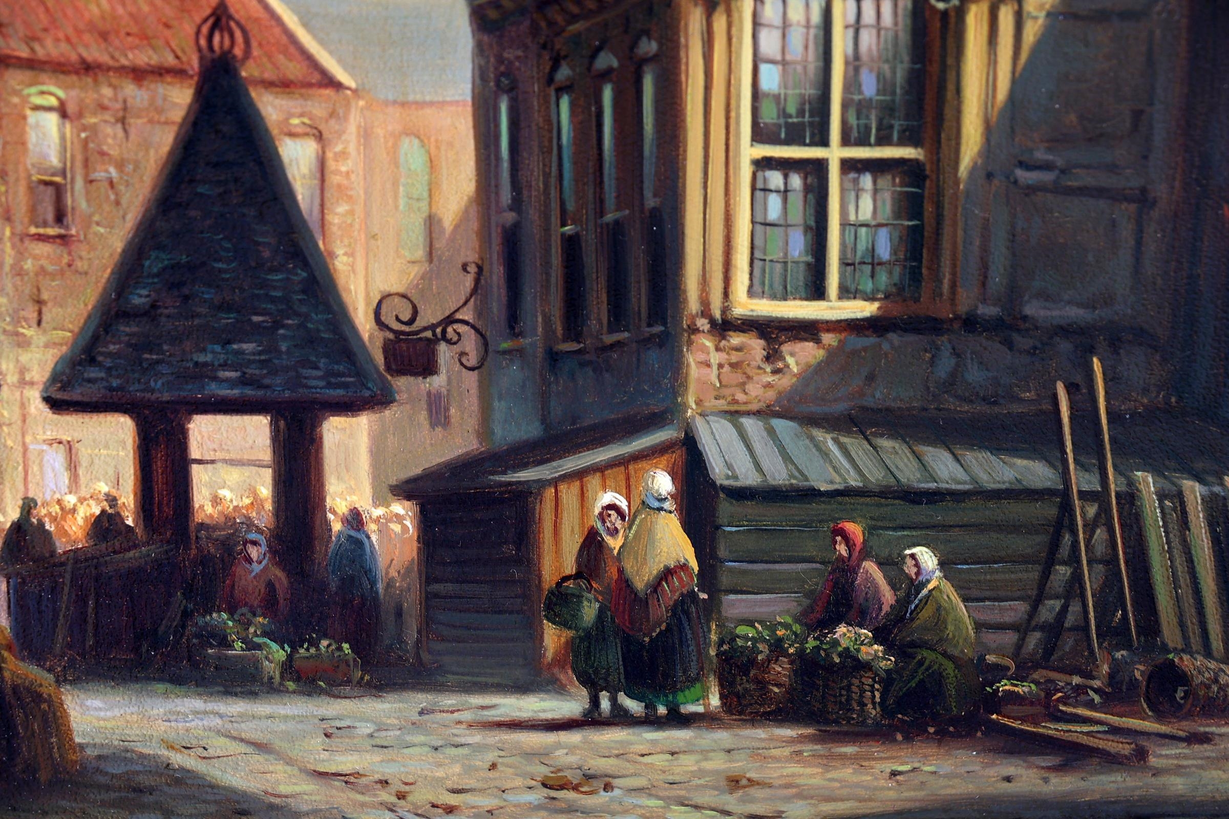 Artwork by J. Vrolijk, Stadsgezicht met personen, Made of oil on panel