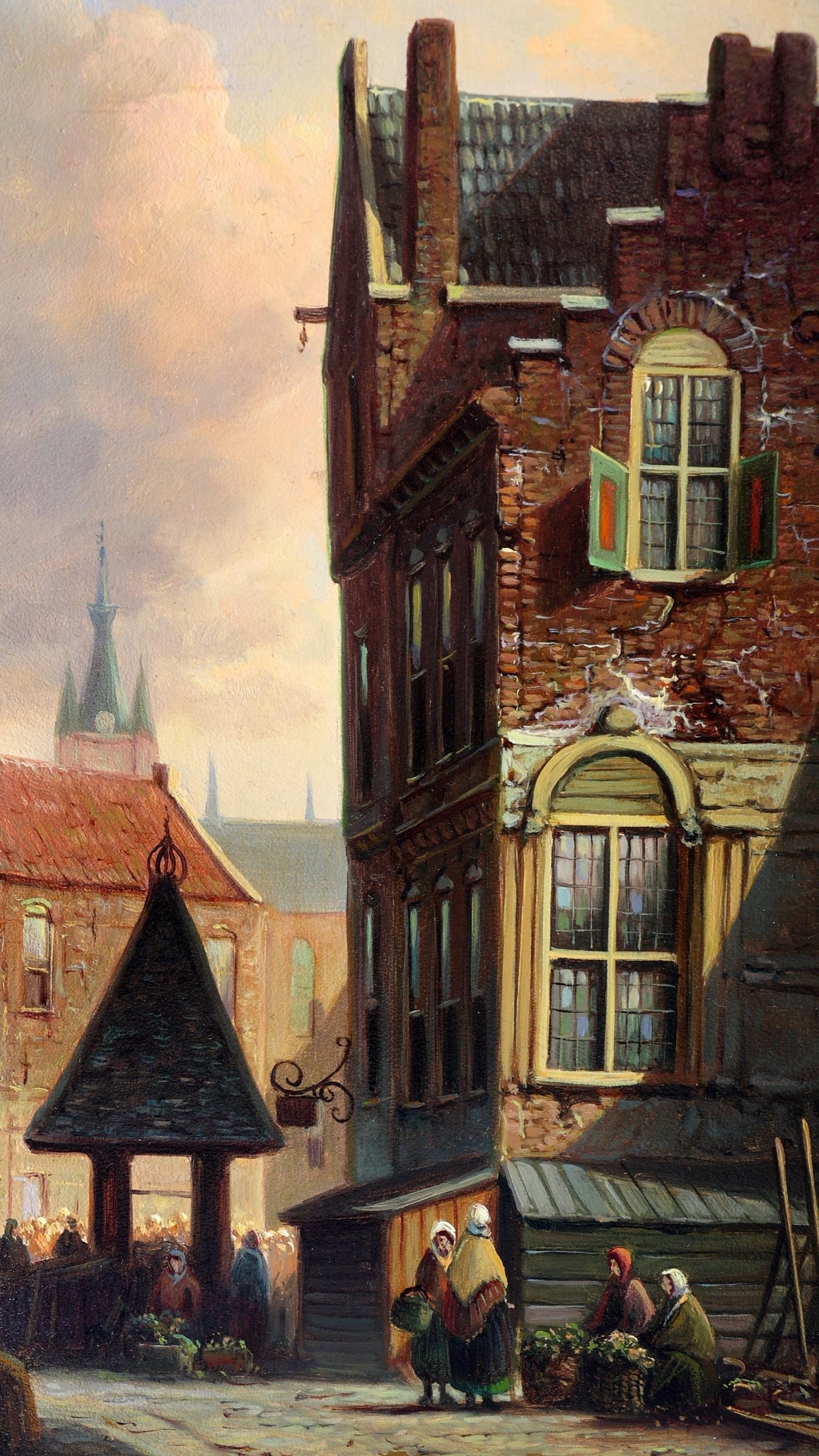 Artwork by J. Vrolijk, Stadsgezicht met personen, Made of oil on panel