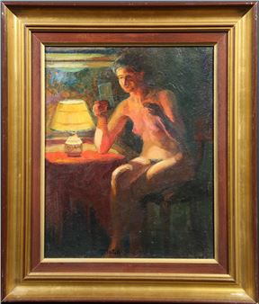 Dame nue se regardant dans un  Huile sur panneau - Georges Moullade