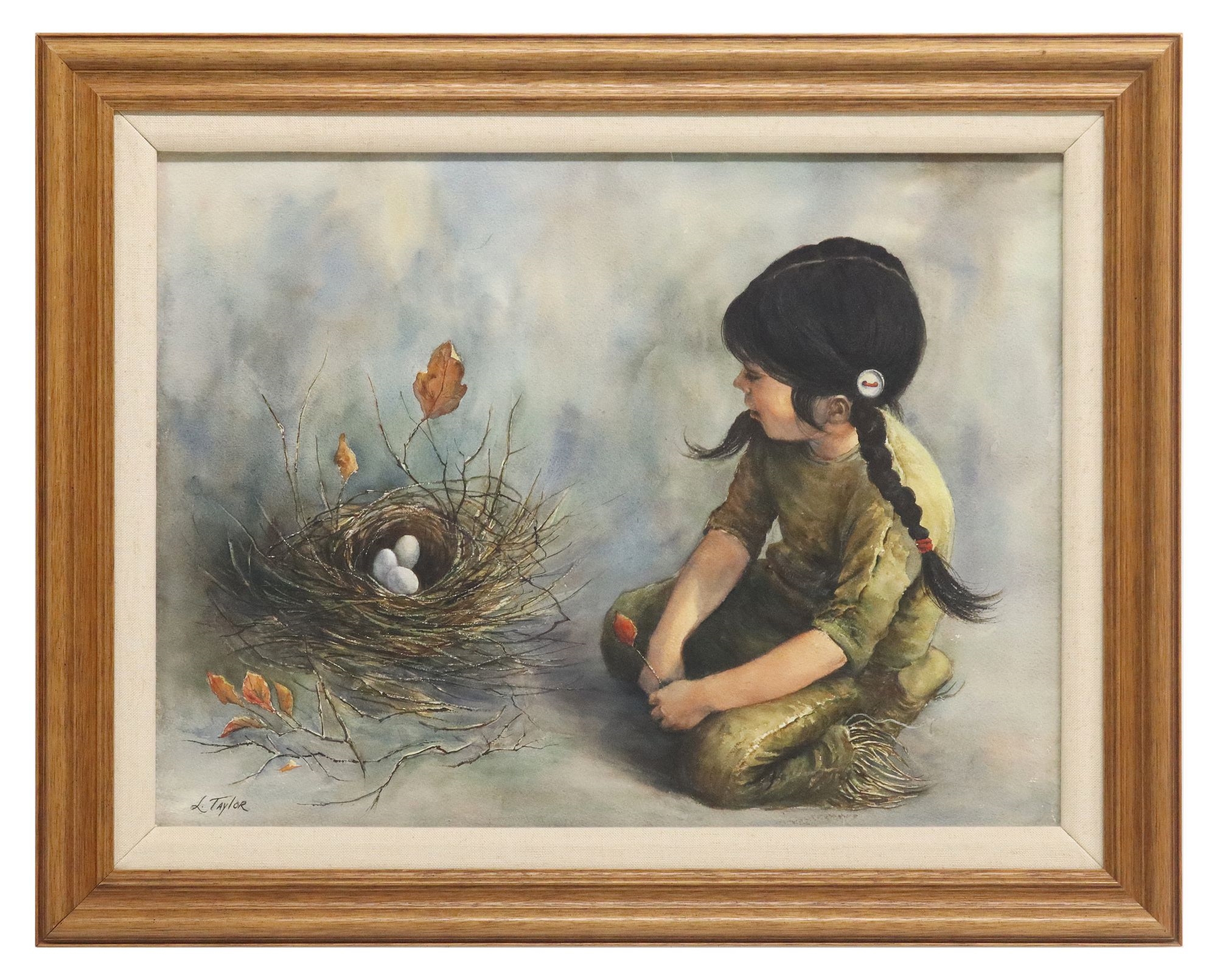 Artwork by Loretta Taylor, Young Girl with Bird's Nest, Made of watercolor painting on paper