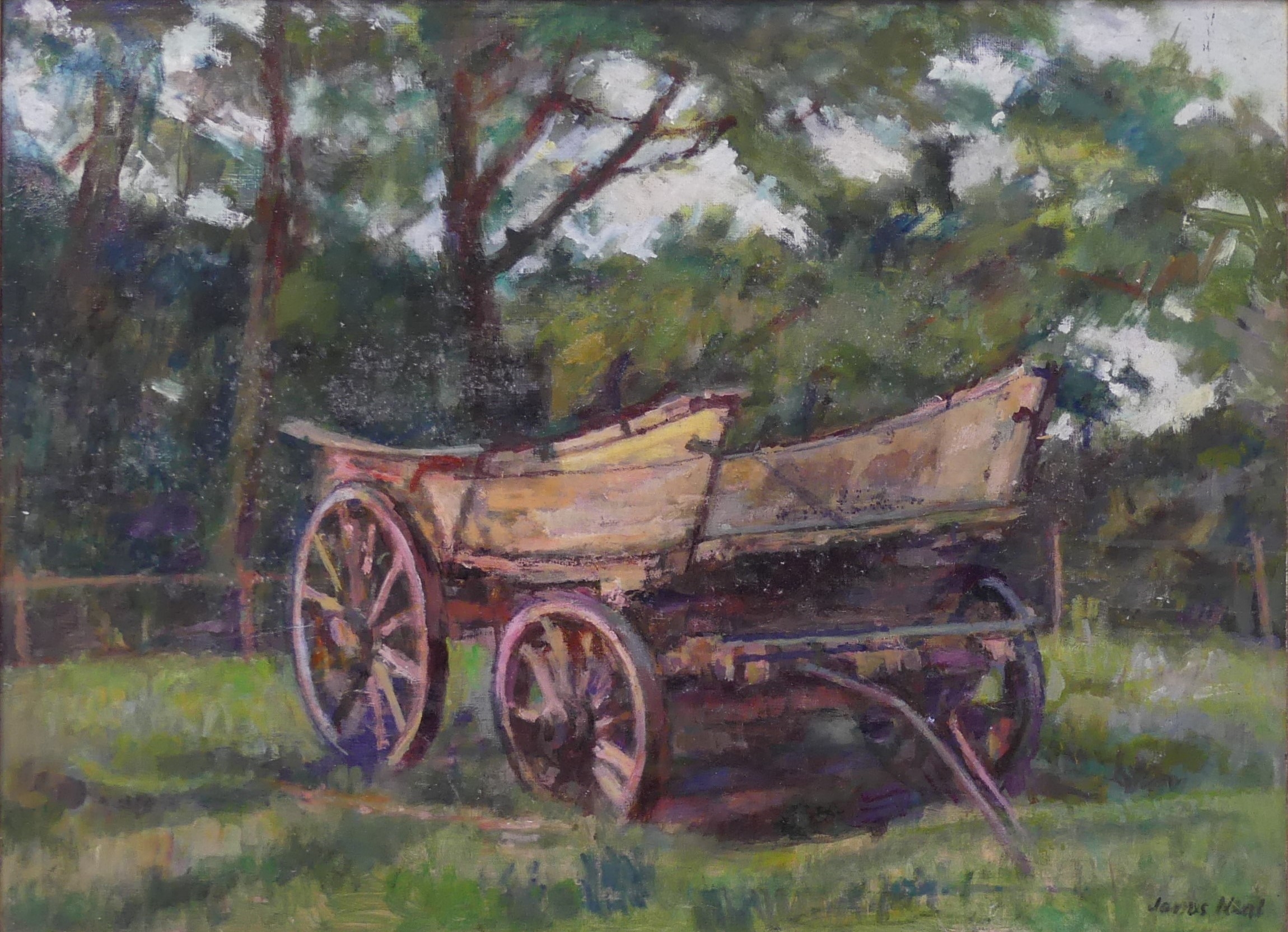 Artwork by James Neal, Farm Cart East Dalton, Made of oil on board