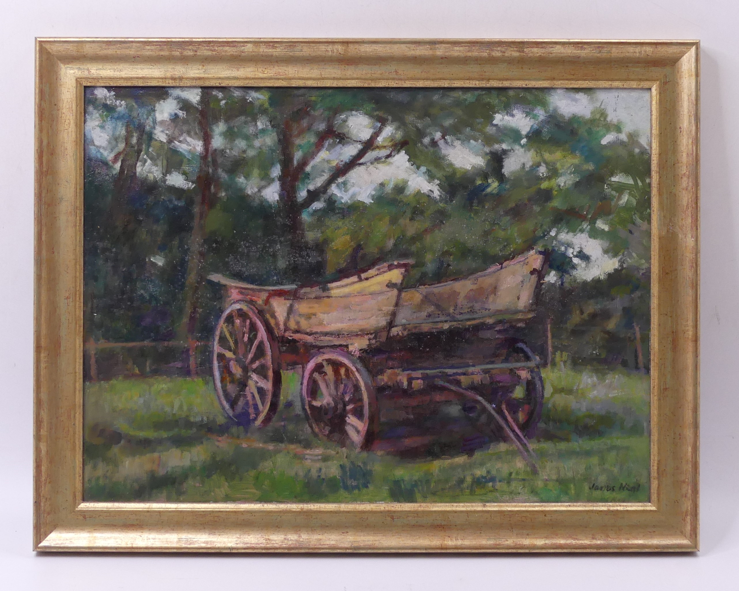 Artwork by James Neal, Farm Cart East Dalton, Made of oil on board