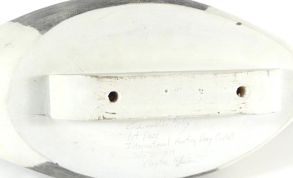Artwork by Donald W. Morley, 1st Place, International Hunting Decoy Contest, July 21, 1979, Clayton N.Y, Made of carved and hand