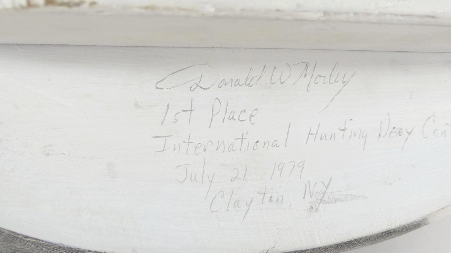Artwork by Donald W. Morley, 1st Place, International Hunting Decoy Contest, July 21, 1979, Clayton N.Y, Made of carved and hand