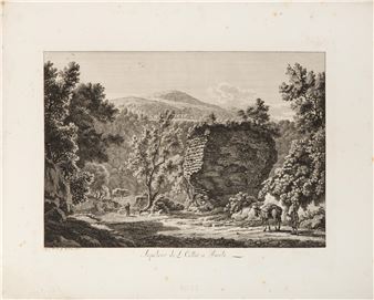 A monochromatic landscape print featuring a rocky outcrop, trees, and distant hills with tiny human figures.