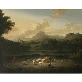 Bergige Flusslandschaft Hirten und Herde - Isaac Vogelsang