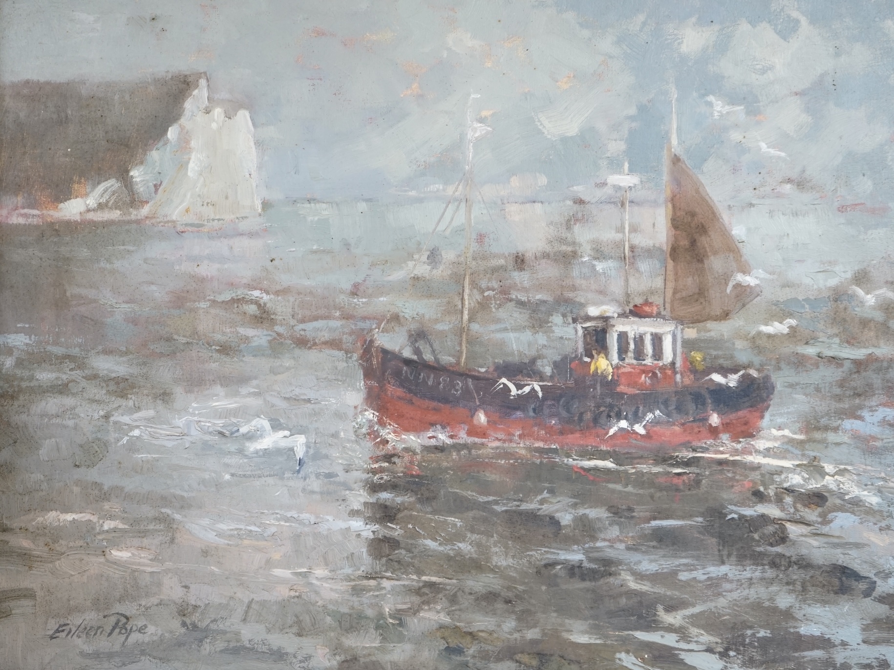 Artwork by Eileen Pope, Fishing boat, Made of oil on board
