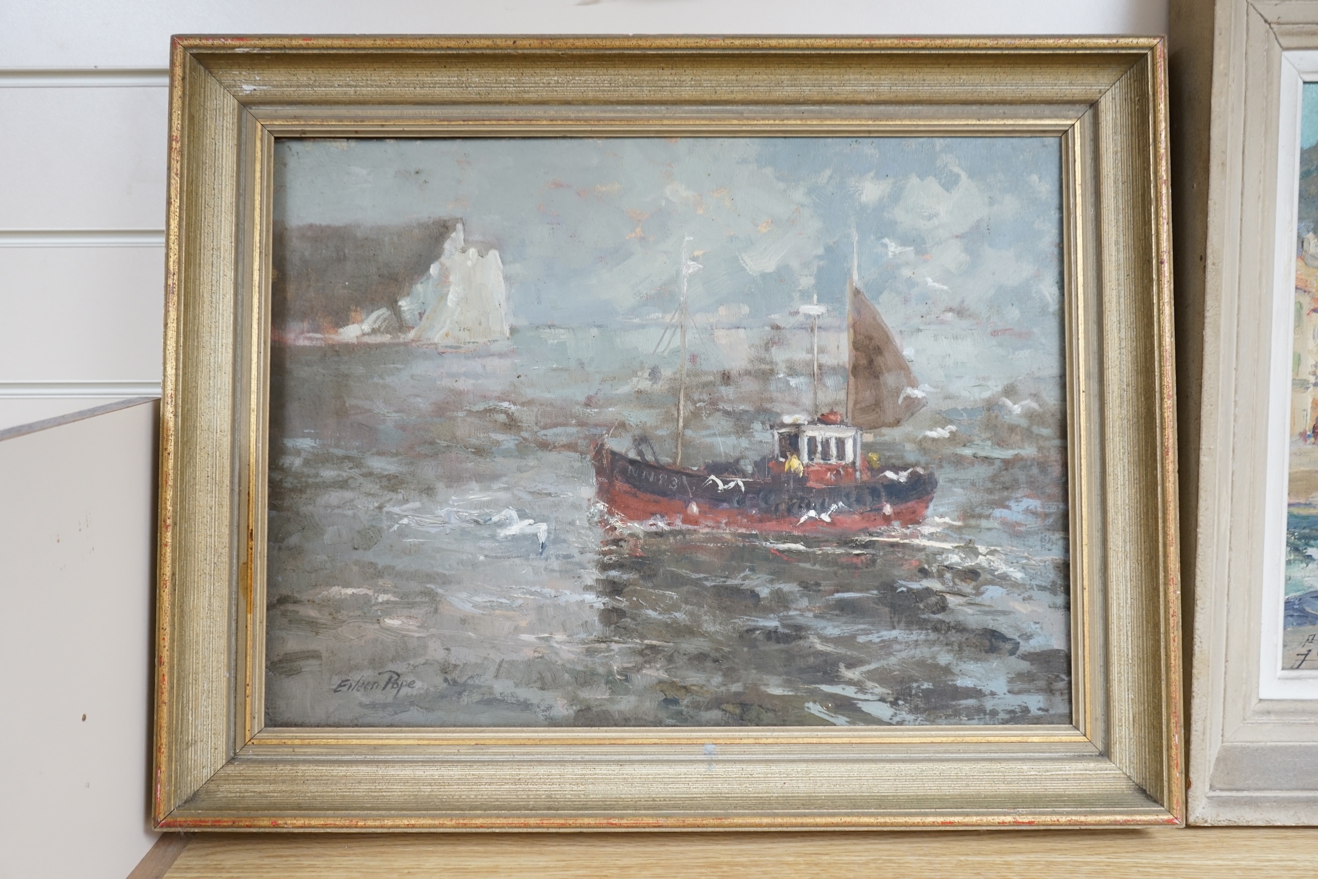Artwork by Eileen Pope, Fishing boat, Made of oil on board