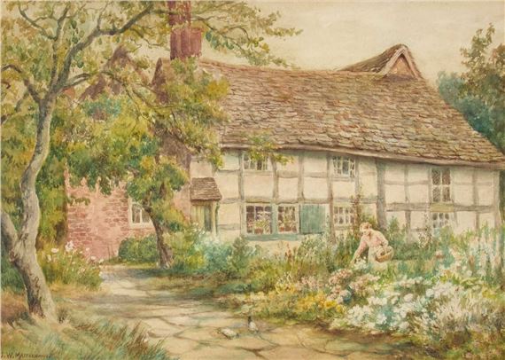 JOHAN W. MATTHEWMAN (EXH 1938) A LADY IN A COTTAGE GARDEN - John W Mathewman