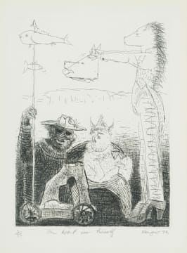 Artwork by Braam Kruger, Om Kwart voor Twaalf, Made of etching on paper