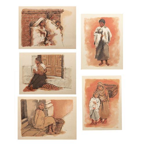 A collection of five watercolor sketches depicting figures in rustic settings.