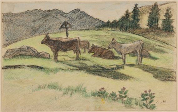 1861 Darmstadt - 1945 Pillnitz Doppelseitige Zeichnung - Kühe/Kühe - Kohlenstifte, Pastelkreide/Papier