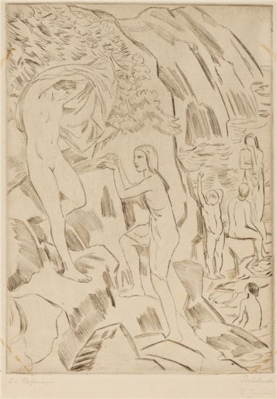 1861 Darmstadt - 1945 Pillnitz - "Steiles Ufer" - Radierung/Papier by Ludwig von Hofmann, 1922