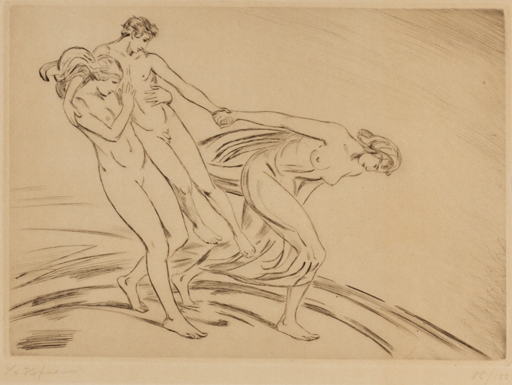 Artwork by Ludwig von Hofmann, 1861 Darmstadt - 1945 Pillnitz - Mythologische Szene mit Menaden - Radierung/Papier, Made of etching