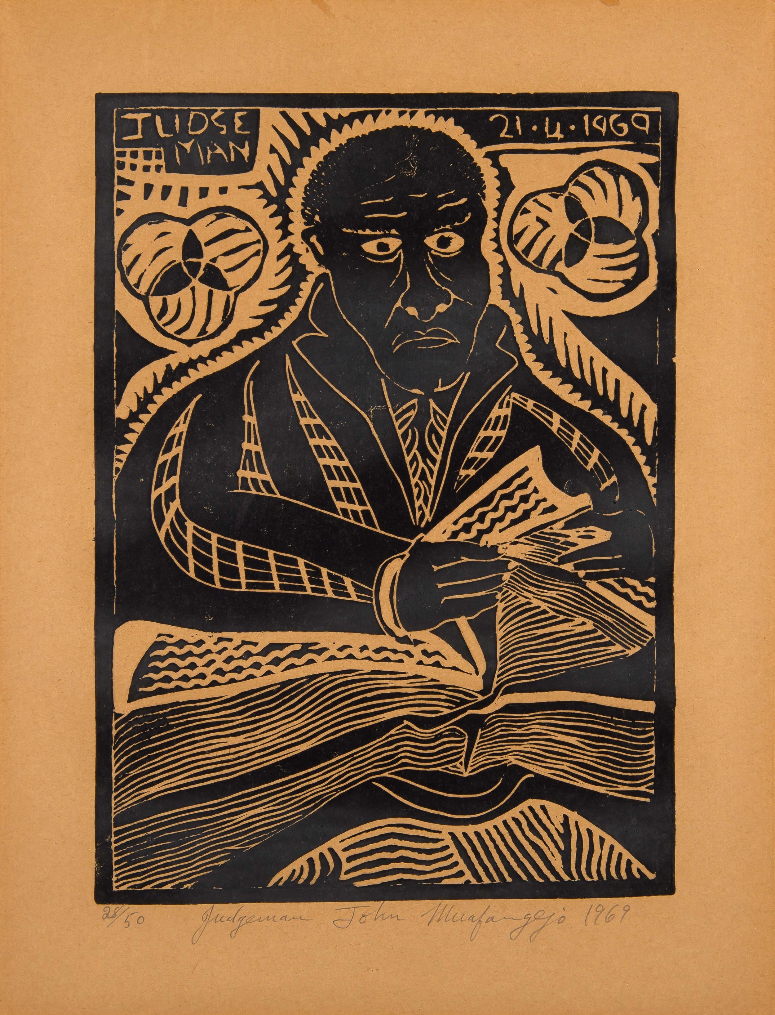Artwork by John Ndevasia Muafangejo, JUDGE MAN, Made of linocut on paper