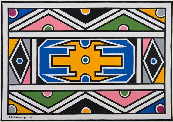 NDEBELE PATTERN WITH YELLOW, BLUE AND LILAC by Esther Mahlangu, dated 2021