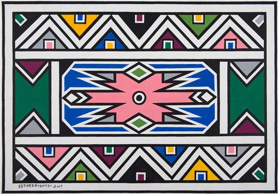 NDEBELE PATTERN WITH PINK, BLUE AND GREEN by Esther Mahlangu, dated 2017