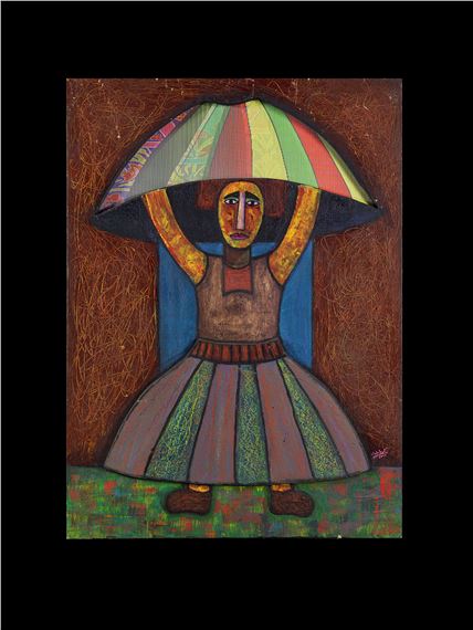 The art depicts a figure in a skirt holding up multi coloured umbrella by Zakaria Soliman, 1956