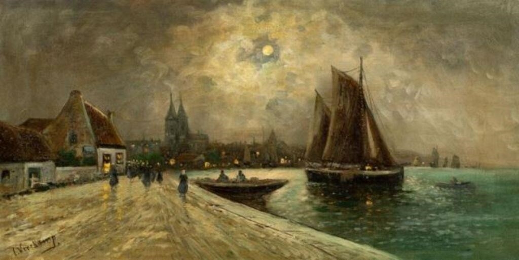 Artwork by Peter Veerkamp, Nighttime Harbor Painting, Peter Veerkamp, Made of oil painting on canvas