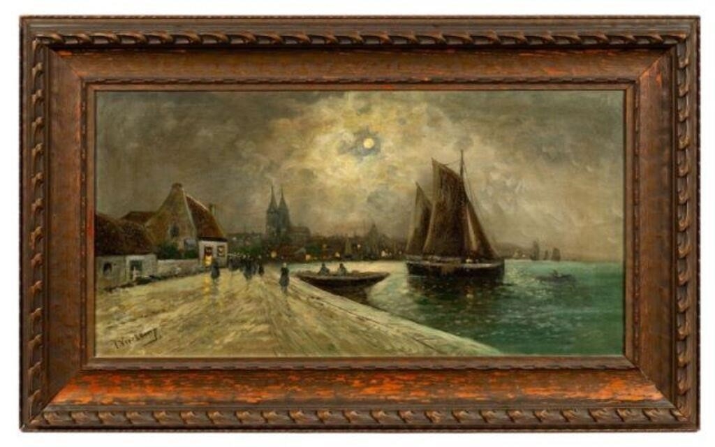 Artwork by Peter Veerkamp, Nighttime Harbor Painting, Peter Veerkamp, Made of oil painting on canvas