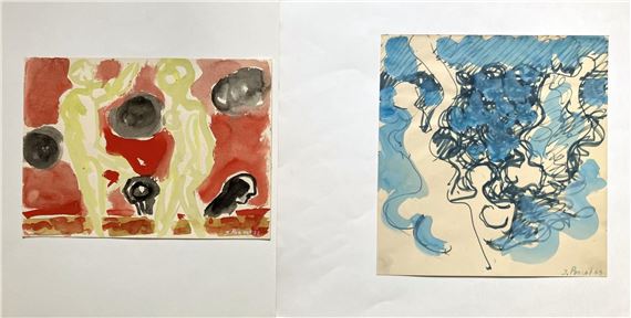 Baigneuses - 2 dessins à la gouache sur papier by Jacques Poncet, datées 69