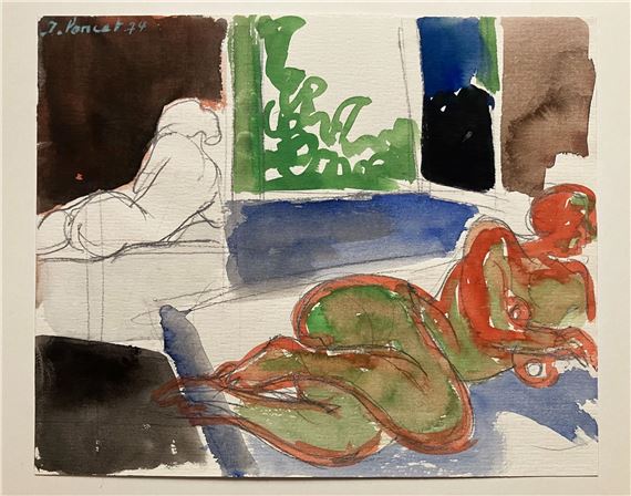 Le modèle allongé sur le lit - Gouache et  sur