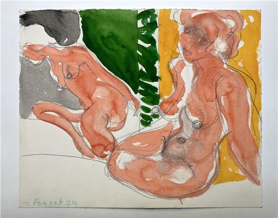 Le modèle assis devant le miroir - Gouache et graphite sur by Jacques Poncet