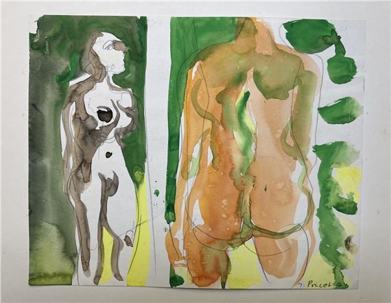 Le modèle debout devant le miroir - Gouache et graphite sur by Jacques Poncet