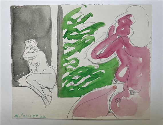 Le modèle assis sur le lit - Gouache et  sur by Jacques Poncet