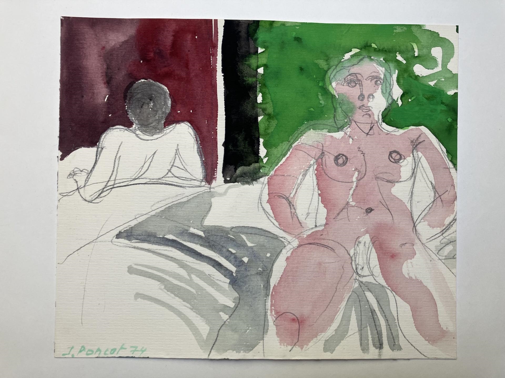 Artwork by Jacques Poncet, Le modèle dans l'atelier - 2  à la gouache et, Made of Gouache et graphite sur papier