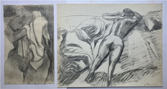 Le modèle nu - Deux dessins au fusain sur papier signés et datés 81 et 87 -  et by Jacques Poncet, datés 81