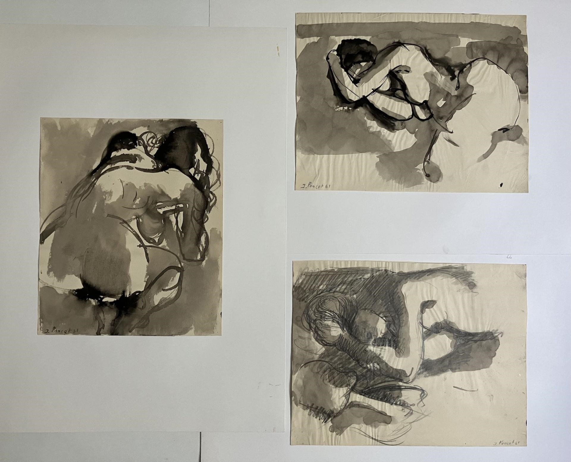 Artwork by Jacques Poncet, Le modèle nu - Trois  et à l'encre, Made of Encre de Chine sur papier